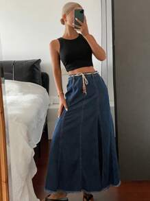 Livesso 西部牛仔风亚麻绳腰开衩休闲度假半身裙，女士夏季牛仔裙 - 藍色 - 查看 5