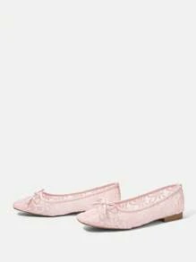 CUCCOO HITCHD Women Shoes Summer New Arrival Bow & Floral Embroidery Lace Square Toe Flats, Elegant Romantic Comfortable Blush Pink Mesh Flats, Suitable For Dress, Wedding, Party, Date, Fashion