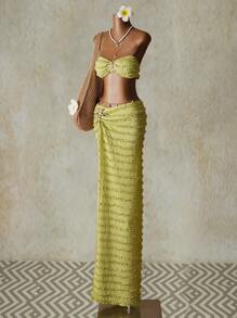 SHEIN ICON Falda tipo túnica de playa con estampado de estrella de mar y efecto arrugado, ideal para el 4 de julio o conciertos country - Verde - Ver 5