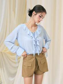 SHEIN MOD 女式系带长袖蓝色半透明荷叶边领衬衫 - 淺藍色 - 查看 6
