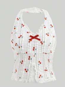 Teen Girls' Casual Cherry Print Lace Trim Halter Neck Camisole Top, Summer - White - View 5