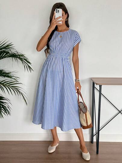 EMERY ROSE Plus Size Women's Summer Casual Vacation Country  Short Sleeve Blue Adjustable Dress,  Summer Holiday,Spring Break Outfits ,Vacation Outfits Women ,Holiday Outfits For Women,Spring Dress Women,Going Out Outfits,2026 New Clothes,Simple And Fashionable For Everyday Wear,Casual Vacation Boho Dress,Dresses For Women,Flowy Dress,Holiday Outfits Boho