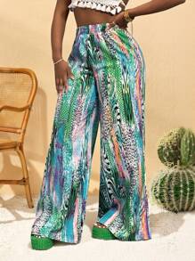 SHEIN PETITE CURVE 大码女式度假全印花松紧腰宽松阔腿休闲裤 - 綠色 - 查看 6