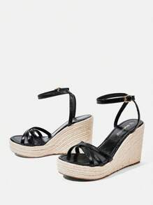 Styleloop Sandalias de cuña de plataforma de cuerda de cáñamo para mujer - Negro - Ver 3