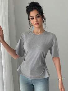 DAZY 女士休闲纯色褶皱腰后开衩短袖 T 恤，返校服 - 深灰色 - 查看 5