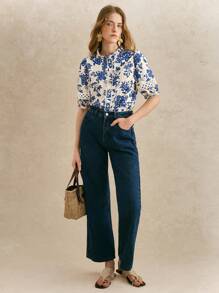 Écloséra Blusa de mujer de manga corta con estampado floral hueco - Azul y blanco - Ver 3