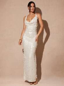 Silquee 女式纯色亮片设计修身优雅连衣裙 - 杏色 - 查看 6