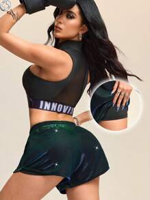 Innovista Women Activewear Gloss Color Metallic Shine Sports Shorts(With Leggings, Breathable & Elastic Dry Fit Sweater Gym Bottom, Pocket Multi-Use Elastic Waist Fitness Workout Outfits, Edgy & Unique Stylish Tracksuit, Cycle,Bike,Running,Cardio,Strength,Weights,Pilates,Yoga,Mat,Boxing,Outdoor,Hike,Camping,Trail,Volleyball,Music Festival, Party,Pickleball,Black,Green,Blue,Latina Gym Shorts - Multicolor - View 2