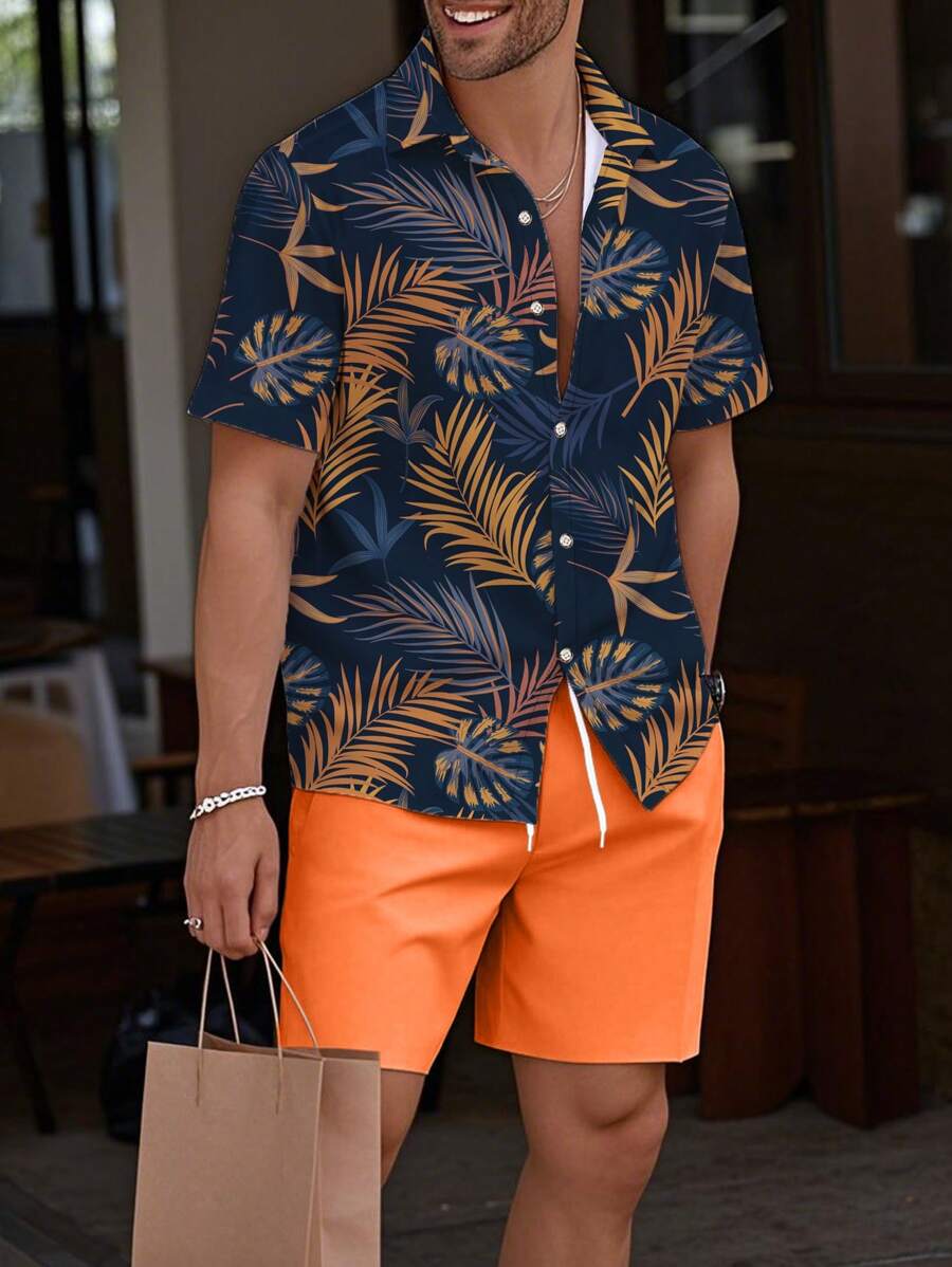 Manfinity RSRT 男士夏威夷热带植物印花短袖衬衫和短裤休闲西装男士热带印花衬衫男士热带服装，度假装珊瑚夏威夷度假服装，舒适服装 - 彩色 - 查看 1