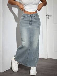 SHEIN PETITE Casual Washed Slit Long Denim Skirt - Blue - View 1