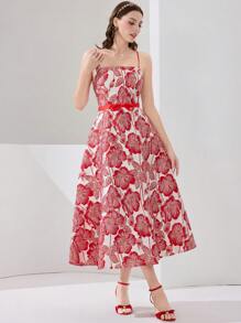 Poshira 女式华丽舞会礼服红色碎花连衣裙女式夏季连衣裙女式太阳裙优雅夏季连衣裙中长连衣裙，女士时尚休闲夏秋季女装生日女装舞会礼服婚礼宾客礼服曲线女装音乐会返校印花连衣裙，面料柔软超弹女装 - 紅色 - 查看 6