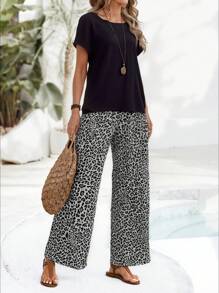 EMERY ROSE 2pcs/Set Women Casual Solid Color Shirt And Leopard Print Pants Suit For Vacation - Multicolor - View 4