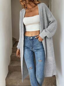 SHEIN Tall CURVE Plus Size Drop Shoulder Ribbed Knit Duster Cardigan,Long Sleeve Tops Long Cardigan For Women Plus Size Cardigan Curve Cardigan Tall Curve Cardigan In Fall/Winter - Grey - View 9