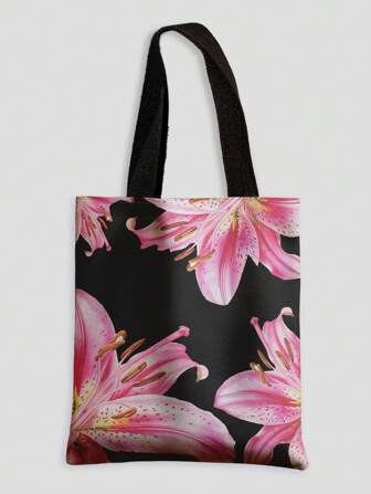 Kawaii Versatile Pink Flower Pattern Double-Sided Print Canvas Tote Bag, Suitable For Vacation, Commute And Holiday
