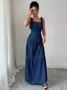 Elenzga 女式荷叶边下摆系带肩牛仔吊带裙 - 深色水洗藍 - 查看 5