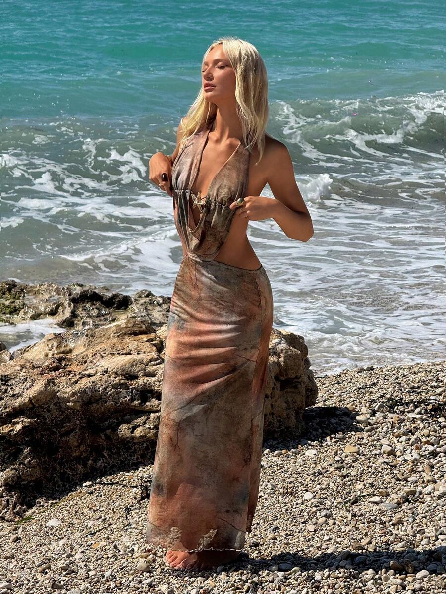 SHEIN ICON 女士扎染印花长款度假露背连衣裙，适合独立日女士穿着 - 彩色 - 查看 1