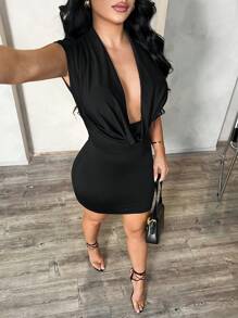 SHEIN SXY Plus Size Women's Elegant Sexy Daily Basic Black Plunging Neck Backless Fitted Mini Dress, Autumn Black Dress Women Deep V Neck Dress Low Cut Dress,Fall Clothes For Women,Elegant Dresses For Women - Black - View 3