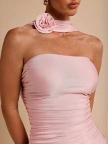 COSMINA Elegant Women 3D Floral Ruched Mid-Length Dress Bandage Dress, Vacation Style, Spring/Summer - Pink - View 7