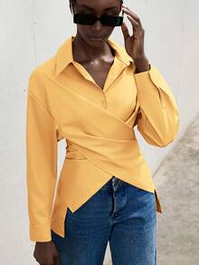 GENKIRA Áo sơ mi công sở Solid Criss Cross Quấn Phía Trước - trái cam - Xem 2