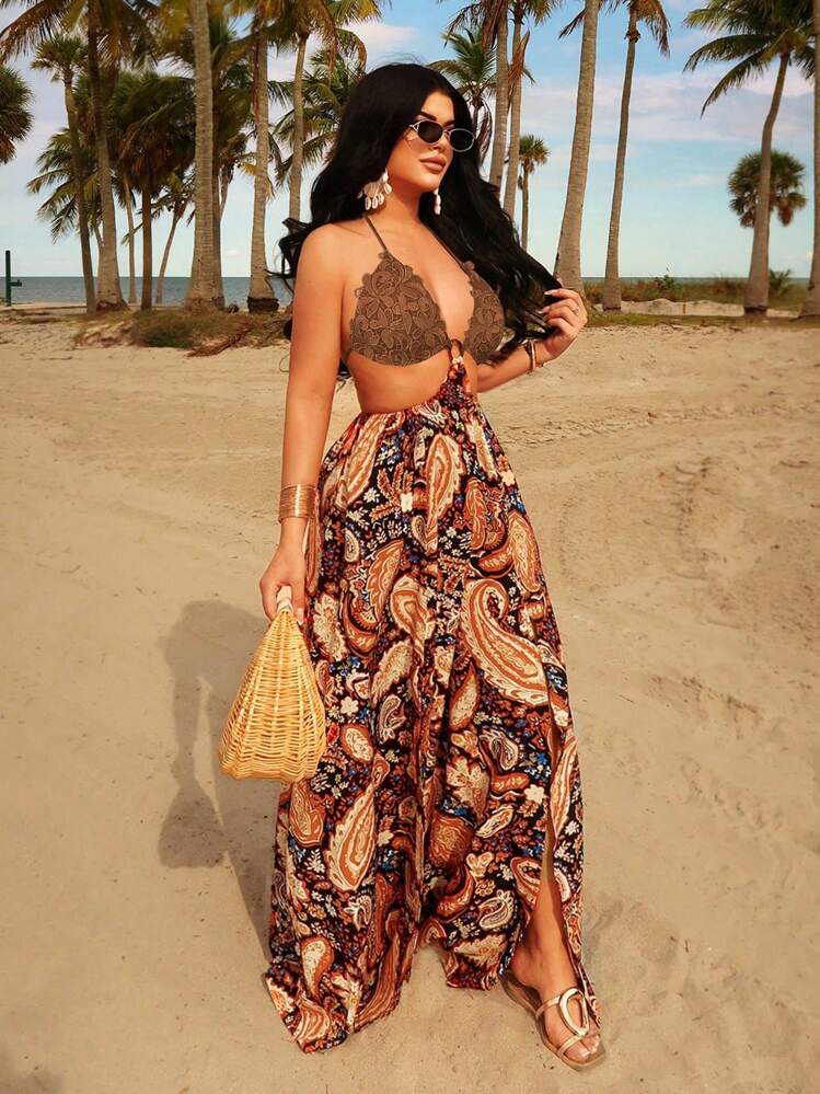 SHEIN SXY 女式无袖露背佩斯利印花高开衩长裙，蕾丝吊带领和镂空装饰，适合春夏海滩度假 - 鏽棕色 - 查看 3