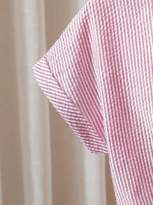 SHEIN 2 pièces/set Ensemble de chemise à manches courtes en coton tissé rayé et pantalon large pour jeunes filles. Décontracté pour printemps/été, villégiature, vacances, été, voyage