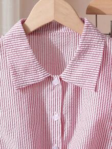 SHEIN 2 pièces/set Ensemble de chemise à manches courtes en coton tissé rayé et pantalon large pour jeunes filles. Décontracté pour printemps/été, villégiature, vacances, été, voyage
