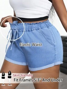 SHEIN PETITE CURVE Shorts en jean ajustés bleus avec poches en biais et taille nouée pour femmes grandes tailles. Parfaits pour l'été, le 4 juillet, le travail, les vacances en avion ou les sorties en club. Shorts taille haute vintage - Bleu azur - Voir 7