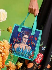 Frida Kahlo X SHEIN 1个印有艺术家卡通图案的保温午餐包，可保温或保冷，野餐包，大容量，可装午餐盒和饮料，适合野餐、露营、旅行、居家使用，适合家庭使用，花朵图案，艺术感十足，优雅时尚 - 彩色 - 查看 3