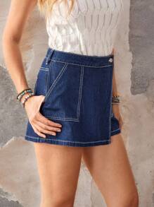 EMERY ROSE Shorts de falda vaquera de verano para mujer con bolsillo con abertura y pespunte de contraste - Azul lavado oscuro - Ver 5