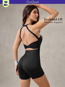 OutZeal 女士吸汗露背打结连体衣，带可拆卸胸垫，运动连体裤，适合日常健身和瑜伽 - 黑色 - 查看 1