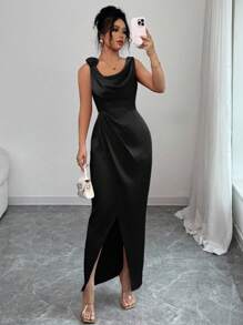 Elenzga Vestido de satén con cintura recogida, sin mangas, estampado floral, abertura alta, elegante y grácil para fiestas de primavera/verano, eventos formales, uso diario