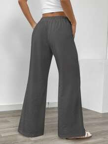 SHEIN PETITE Pantalones de lino casuales y elegantes para vacaciones de mujer - Gris Oscuro - Ver 2