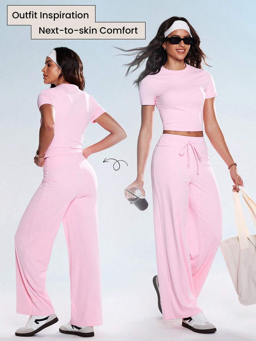 Eassivo Set de 2 piezas de ropa deportiva de verano para mujer, que incluye top de manga corta sólido y pantalones con nudo, conjunto de ropa deportiva de color rosa para hacer ejercicio - Rosa - Ver 1