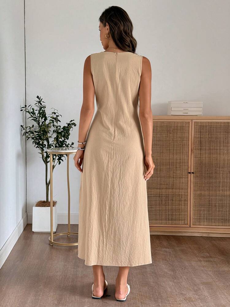 Women's Solid Color Round Neck Waist Tie Sleeveless Dress, Country Outfits Women Going Out Outfits Country Outfits Women