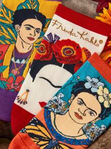 Frida Kahlo X SHEIN 3 Pairs Women Fashionable Elegant Flower Pattern Soft Breathable Sweat-Absorbent Ankle Socks, Reinforced Toe And Heel, Suitable For All Seasons Spring, Summer, Autumn, Winter,Summer Outfits, Spring Outfits,Beach, Vacation, Flower - Multicolor - View 3