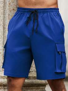 Manfinity LEGND Plus Size Men's Summer Casual Drawstring Waist Cargo Shorts - Blue - View 5