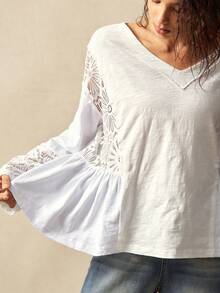 Bohemela 休闲纯色针织蕾丝花边V领落肩长袖女式上衣 - 白色 - 查看 3
