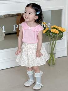 DAZY 2 pièces Ensemble t-shirt à encolure ronde décontracté avec volants et jupe à imprimé tout-sur-pour filles bébé - Rose bonbon - Voir 4