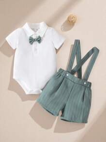 Souflis Souflis 2pcs Baby Boy Gentleman Outfit, Includes Collared Jumpsuit With Bowtie And Adjustable Suspender Shorts, Suitable For Occasions, Parties, Formal Events, Weddings, Christenings, Ceremonies And Birthday Celebrations, For Infants 1 Month To 2 Years Old, Baby Bodysuit,1st Birthday Outfit,Photoshoot Outfit, Summer,Kid Clothes,Toddler Clothes, Baby Western, Baby Outfit,Birthday Outfit,Baptism Outfit,Christening Plain - Multicolor - View 4