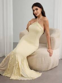 Modelyn 女士优雅荷叶边领口连衣裙 - 黃色 - 查看 3