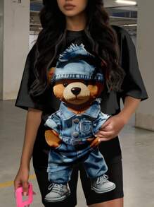 Slaydiva 2 Paquetes de Conjunto de Camiseta de Manga Corta y Pantalón Corto de Efecto Vaquero con Estampado Lindo de Oso en Talla Grande para Damas, Informal de Verano