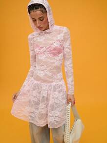 COUREZ Vestido mini con capucha y encaje de manga larga / Vestido de verano Outfits de verano para mujeres Vintage Y2K - Blanco - Ver 4
