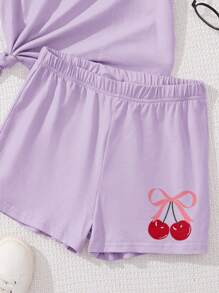 SHEIN Leap Crew 青少年女孩休闲简约短袖短裤两件套，适合夏季 - 淡紫色 - 查看 6