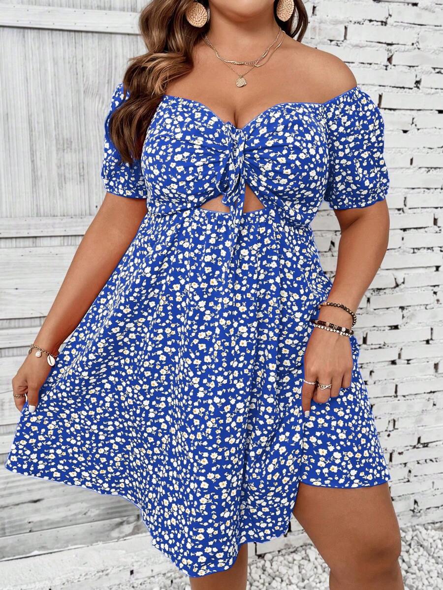 Breezaya Vestito casual con stampa floreale piccola, scollo alla spalla, lavorazione traforata, adatto per taglie comode, per vacanze