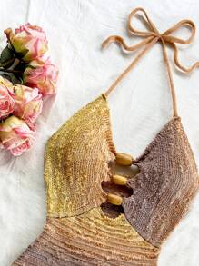 Soleia 春夏度假性感镂空木珠装饰露背细肩带渐变连衣裙，适合派对、约会、海滩、邮轮、度假、波西米亚风 - 彩色 - 查看 5