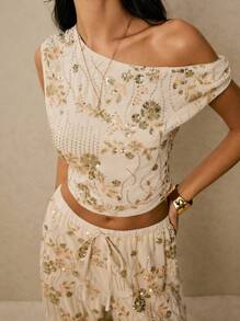 Poéselle 女士花卉亮片不对称领时尚衬衫