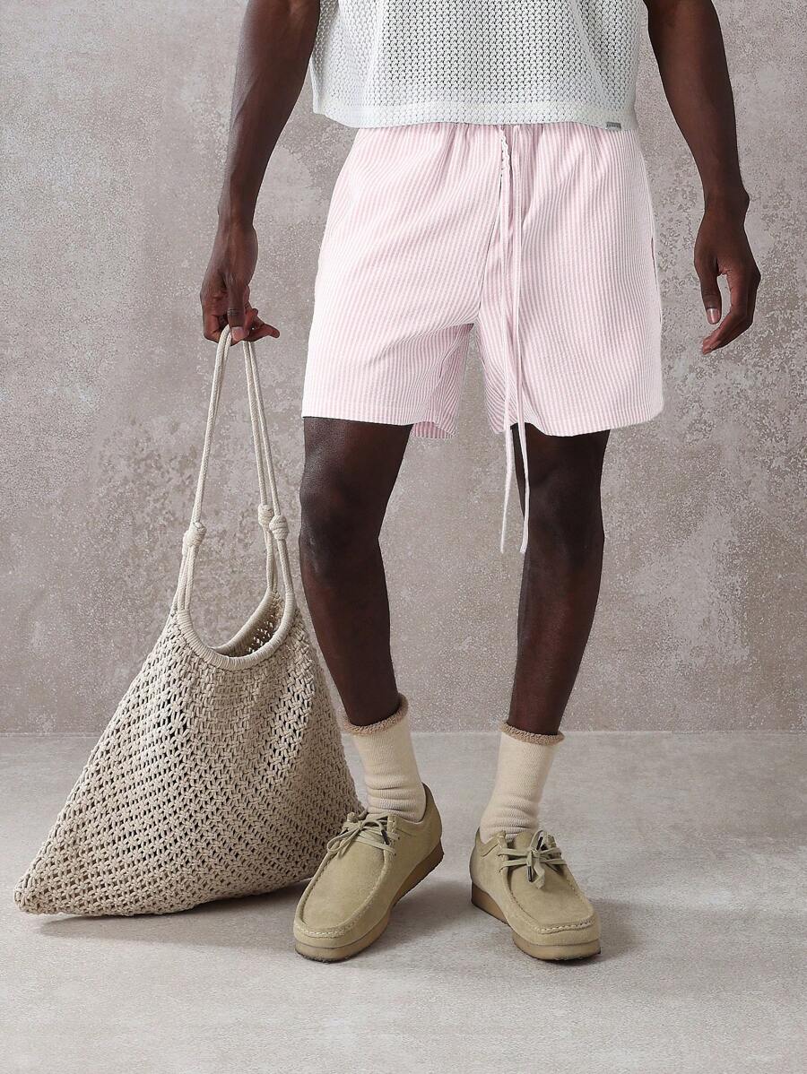 SUMWON 常规版型夏季亚麻质感条纹短裤，带刺绣口袋，休闲沙滩度假装，长款抽绳腰带，纯色 - 藕粉色 - 查看 1