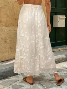 SHEIN Frenchy 女士花卉刺绣高腰优雅半身裙，适合度假 - 杏色 - 查看 2