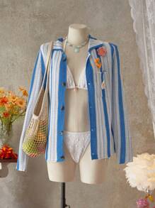 Bellisia Kimono de cobertura elegante con bolsillo delantero con estampado floral y de rayas para mujer, perfecto para vacaciones