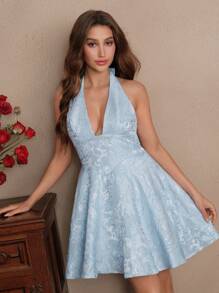 SHEIN Unity Spring, Summer Elegant Chic Backless A-Line Mini Dress With Butterfly Design For Women - Blue - View 4